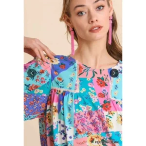 Mixed Print Crochet Trim Ruffle Sleeve Dress