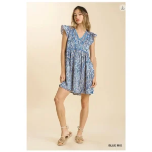 Umgee - Satin Mixed Print w/Short Ruffle Sleeve Dress - Large