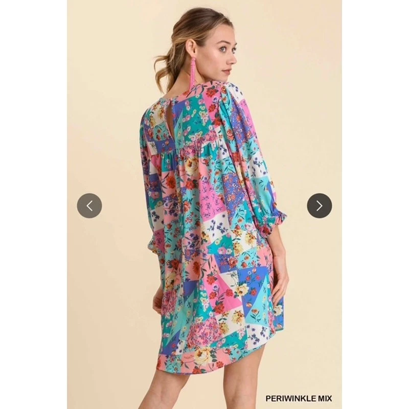 Mixed Print Crochet Trim Ruffle Sleeves Dress - Medium - Image 5