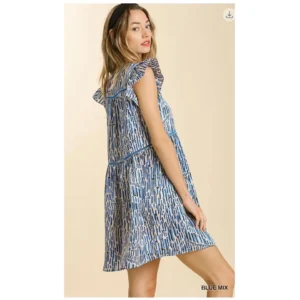 Umgee - Satin Mixed Print w/Short Ruffle Sleeve Dress - Large