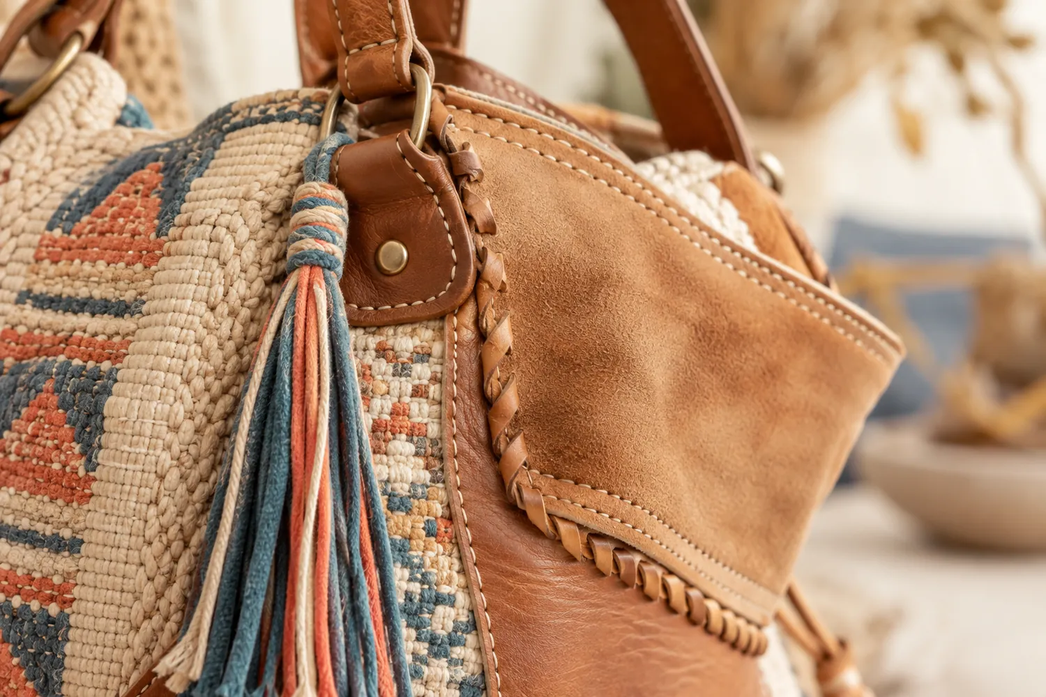 Ruggine leather and suede boho bag details at Jersey Cove Shop