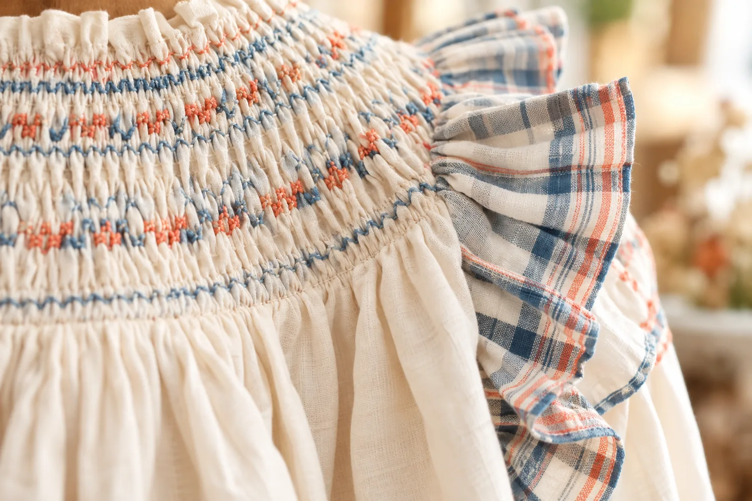 Vine and Love plaid ruffle and smocked blouse details at Jersey Cove Shop