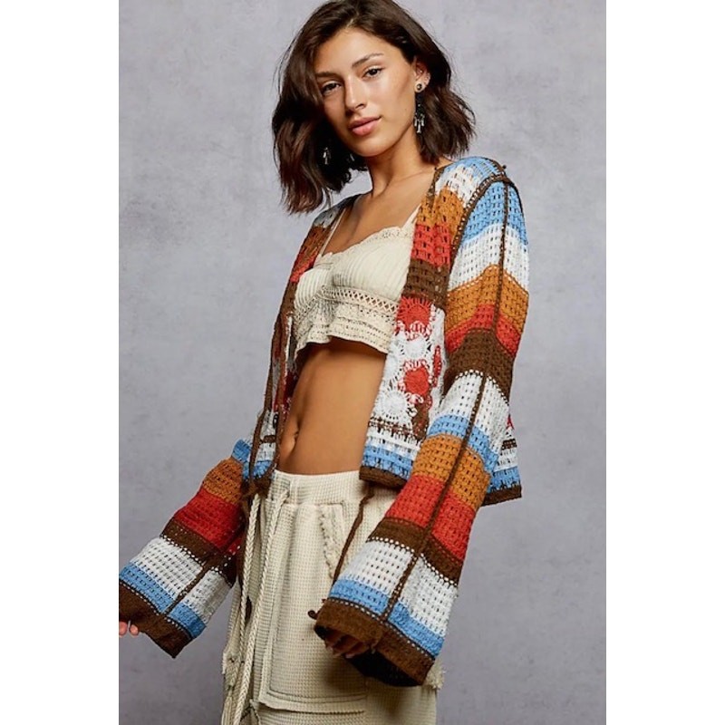 POL - Crochet Striped Tie Closure Cardigan - One Size - Image 4