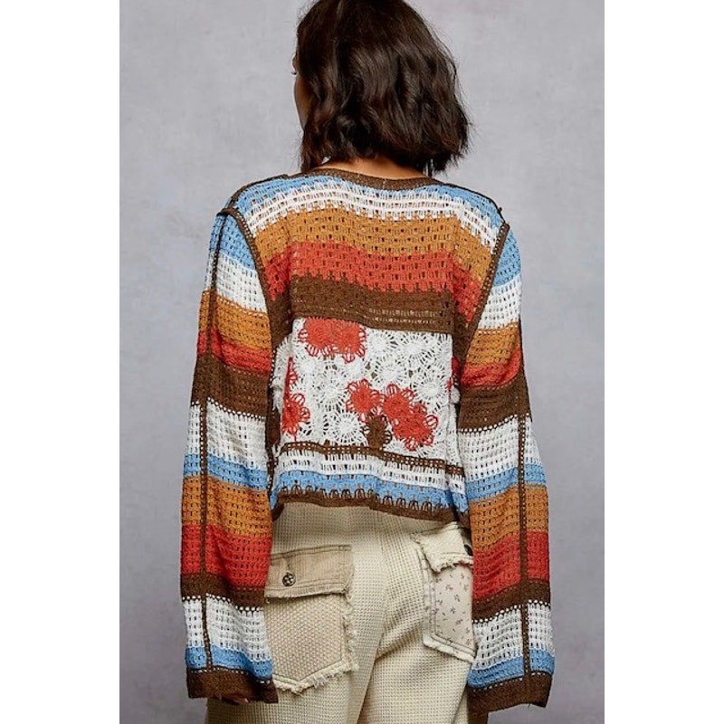 POL - Crochet Striped Tie Closure Cardigan - One Size - Image 5