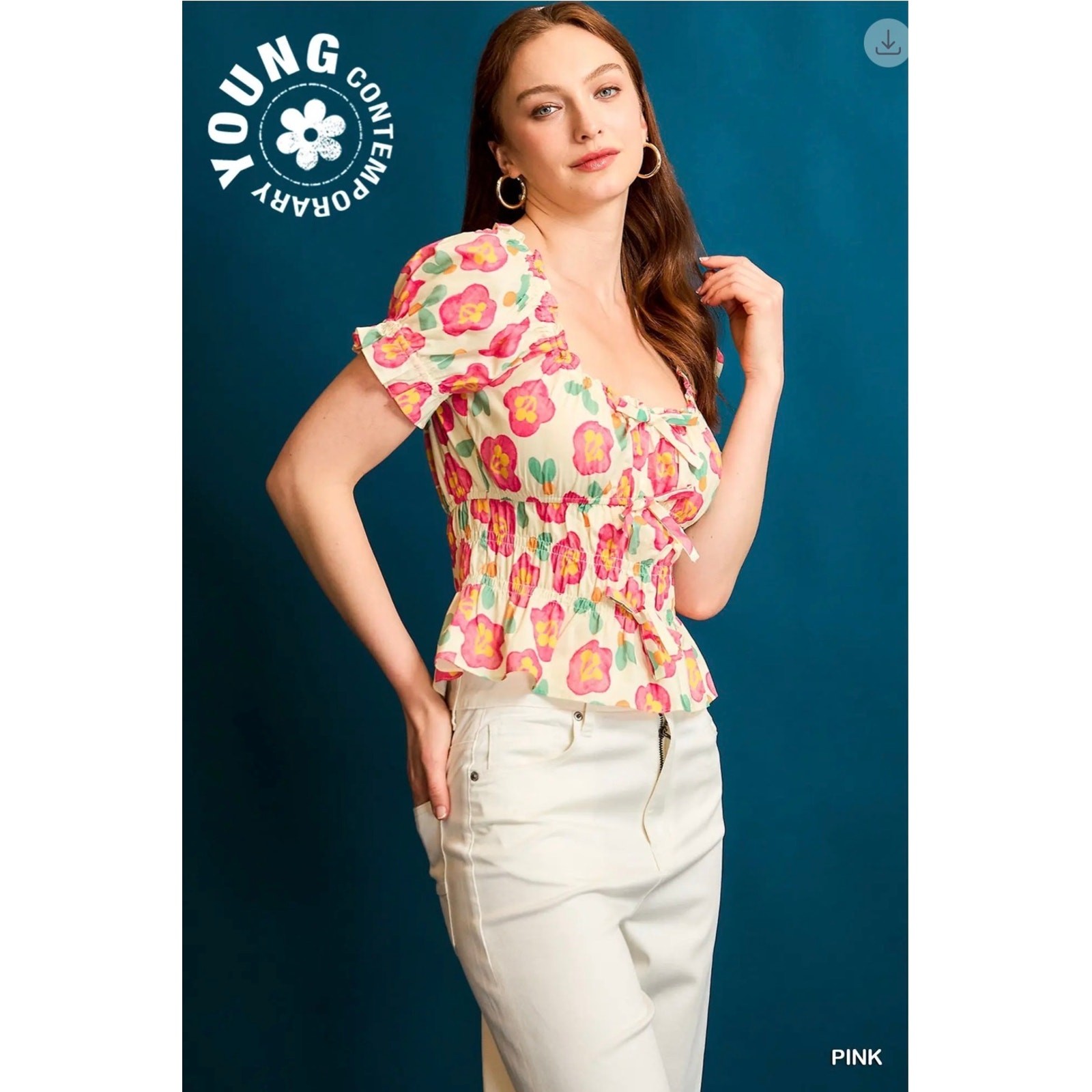 Umgee - Floral Smocked Peplum Blouse - MEDIUM - Image 5