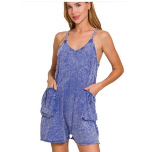 Zenana - Blueberry Acid Crinkle Washed Spaghetti Strap Romper - Small