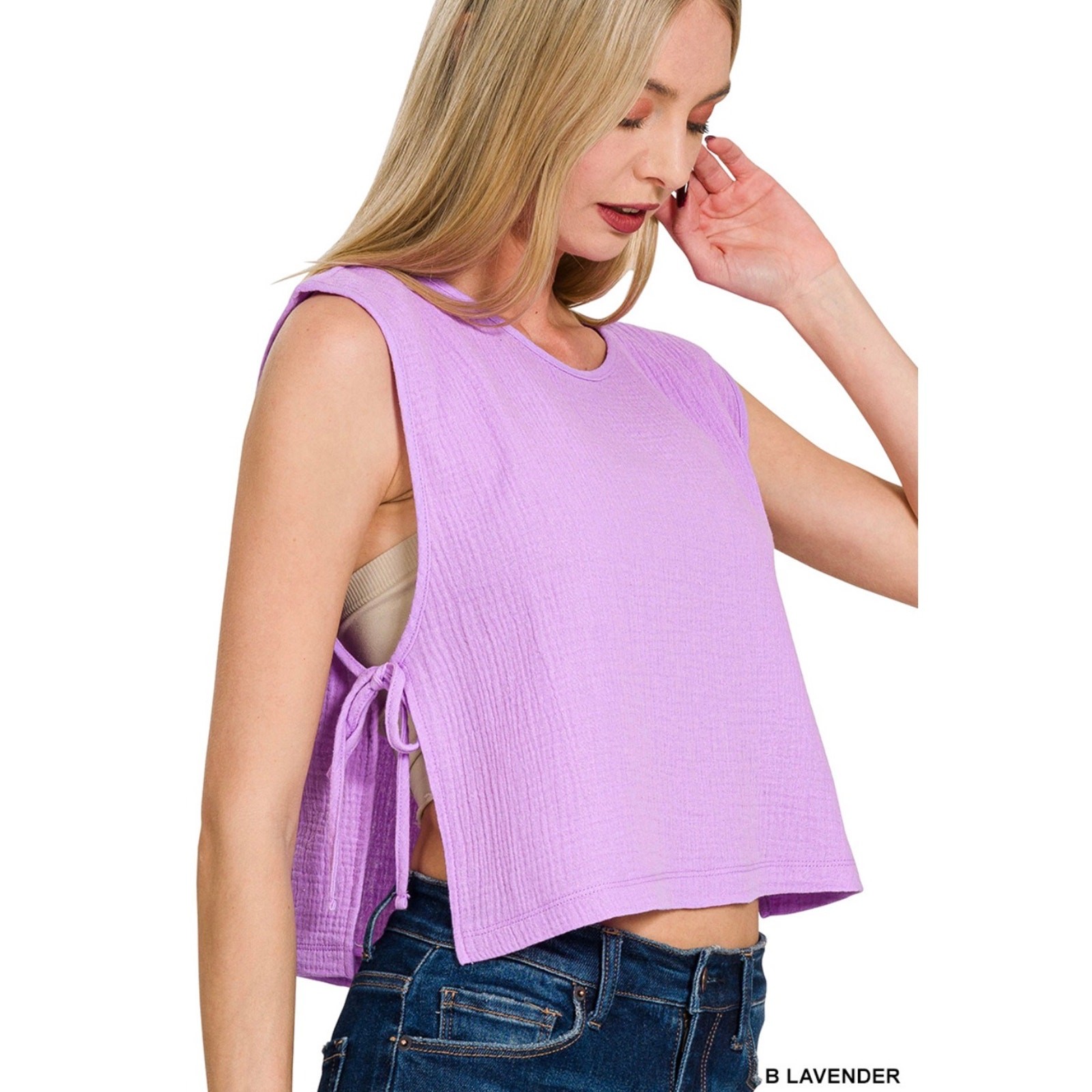Zenana - Double Gauze Side Tie Sleeveless Top - Medium