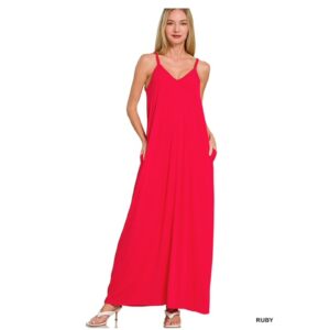 Zenana - V Neck Cami Maxi Dress with Side Pockets - Large