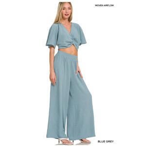 Zenana - Woven Airflow Twisted Top & Wide Leg Pants Set - Medium