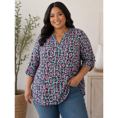 Dear Scarlett - Plus Size Animal Print Lizzy Top with Tab Sleeve - 2X
