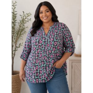 Dear Scarlett - Plus Size Animal Print Lizzy Top with Tab Sleeve - XL