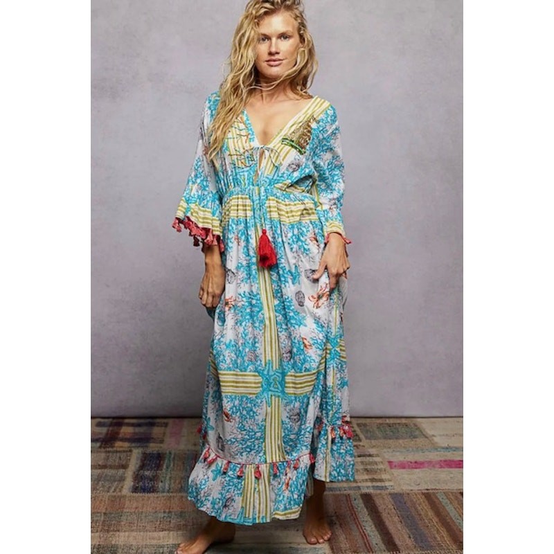 POL - Beach Inspired Pattern Ruffle Sleeve Tassel Maxi Dress - Small - Image 3