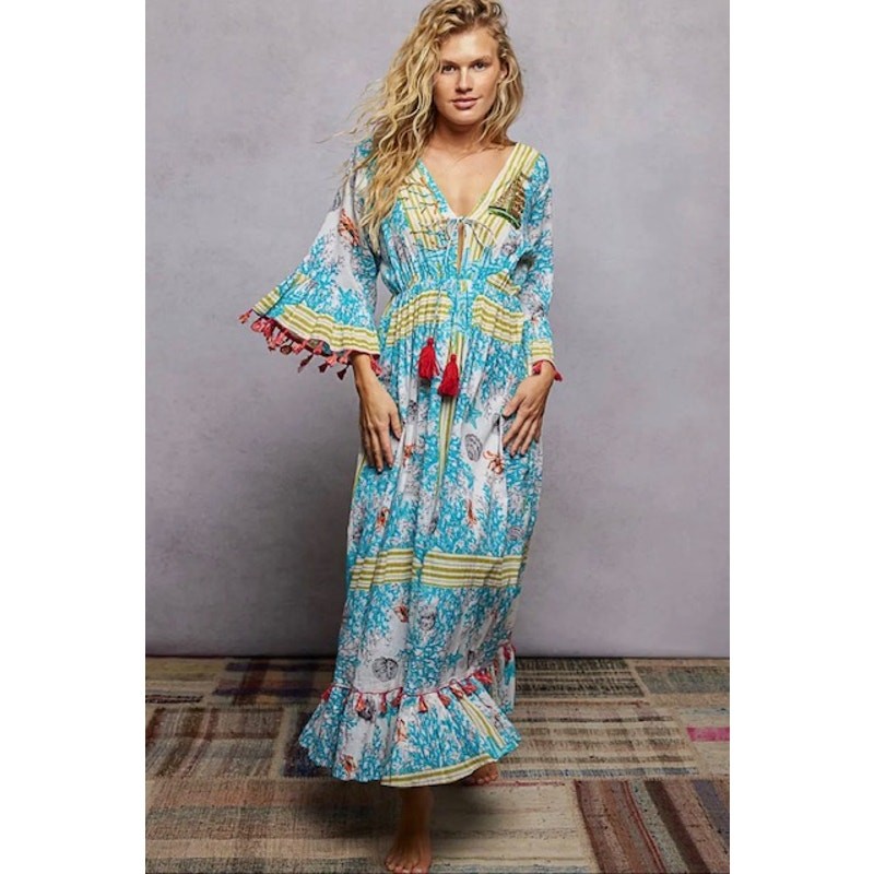 POL - Beach Inspired Pattern Ruffle Sleeve Tassel Maxi Dress - Small - Image 4