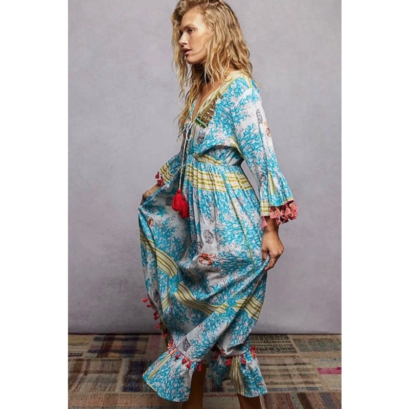 POL - Beach Inspired Pattern Ruffle Sleeve Tassel Maxi Dress - Small - Image 5