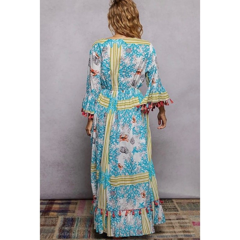 POL - Beach Inspired Pattern Ruffle Sleeve Tassel Maxi Dress - Small - Image 6