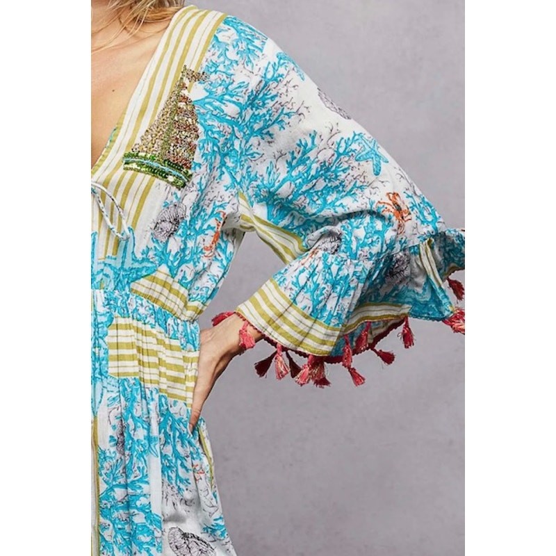 POL - Beach Inspired Pattern Ruffle Sleeve Tassel Maxi Dress - Small - Image 7