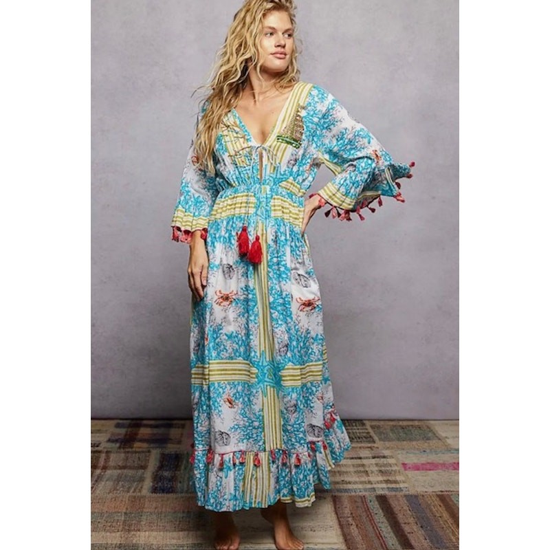 POL - Beach Inspired Pattern Ruffle Sleeve Tassel Maxi Dress - Small