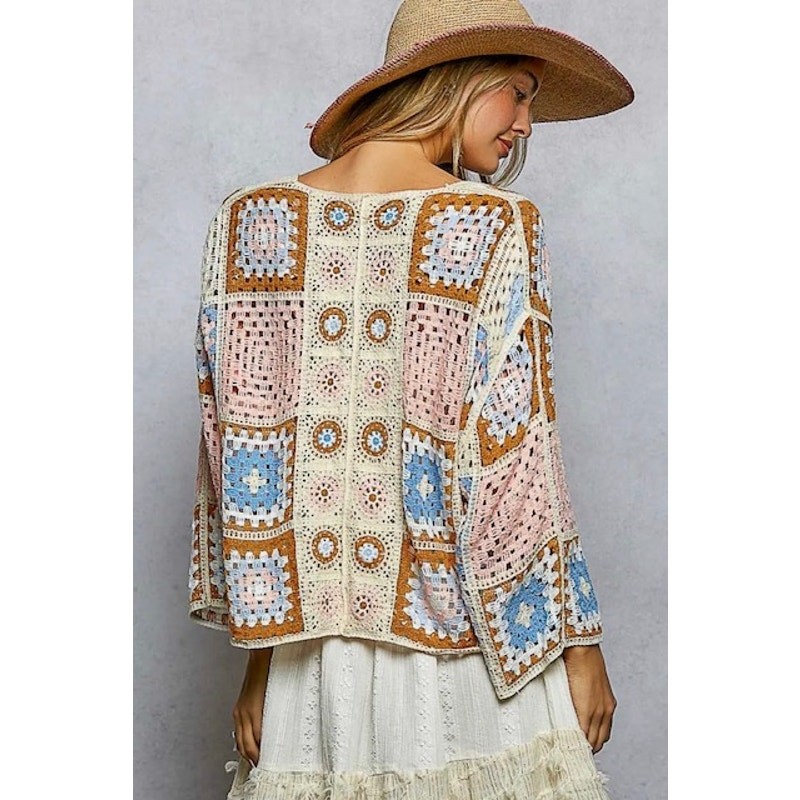 POL - Granny Square 3/4 Sleeve Crochet Cardigan Top - One Size - Image 4