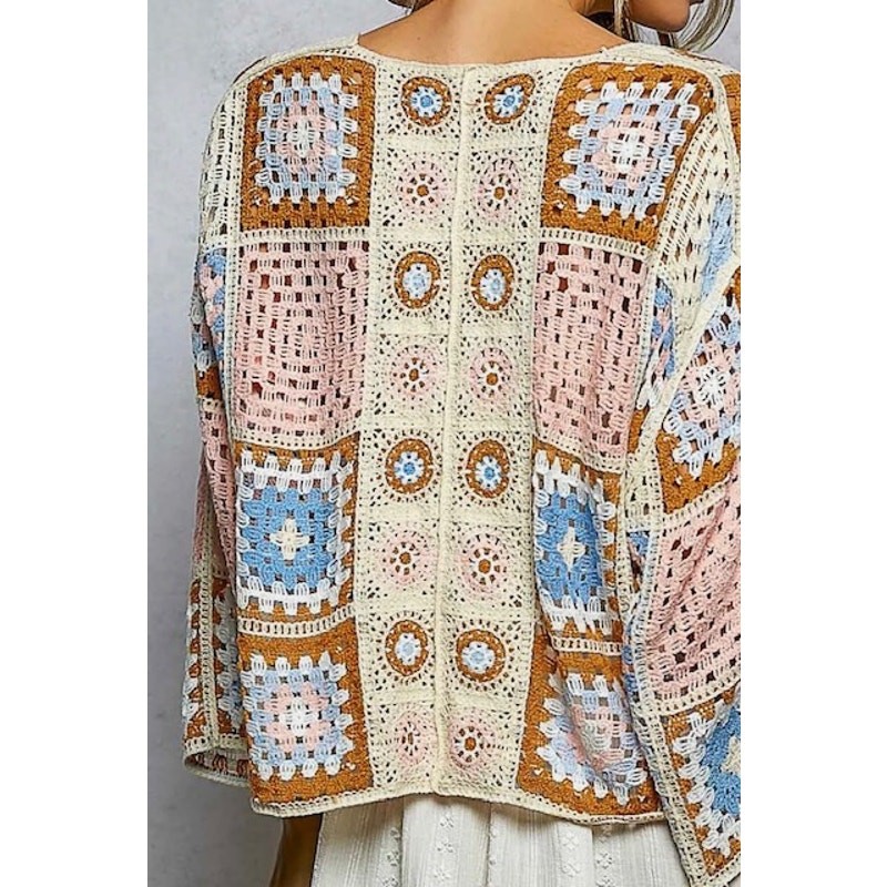 POL - Granny Square 3/4 Sleeve Crochet Cardigan Top - One Size - Image 5