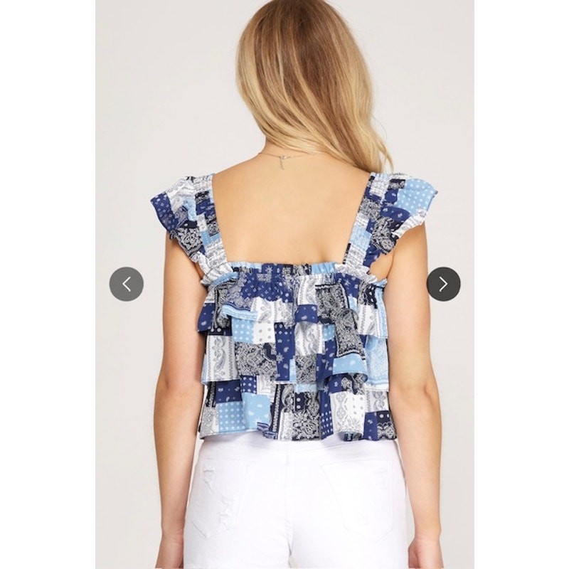 She + Sky - Ruffled Sleeve Handkerchief Printed Top - Small - Image 3
