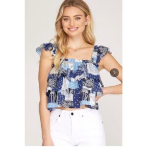 She + Sky - Ruffled Sleeve Handkerchief Printed Top - Small