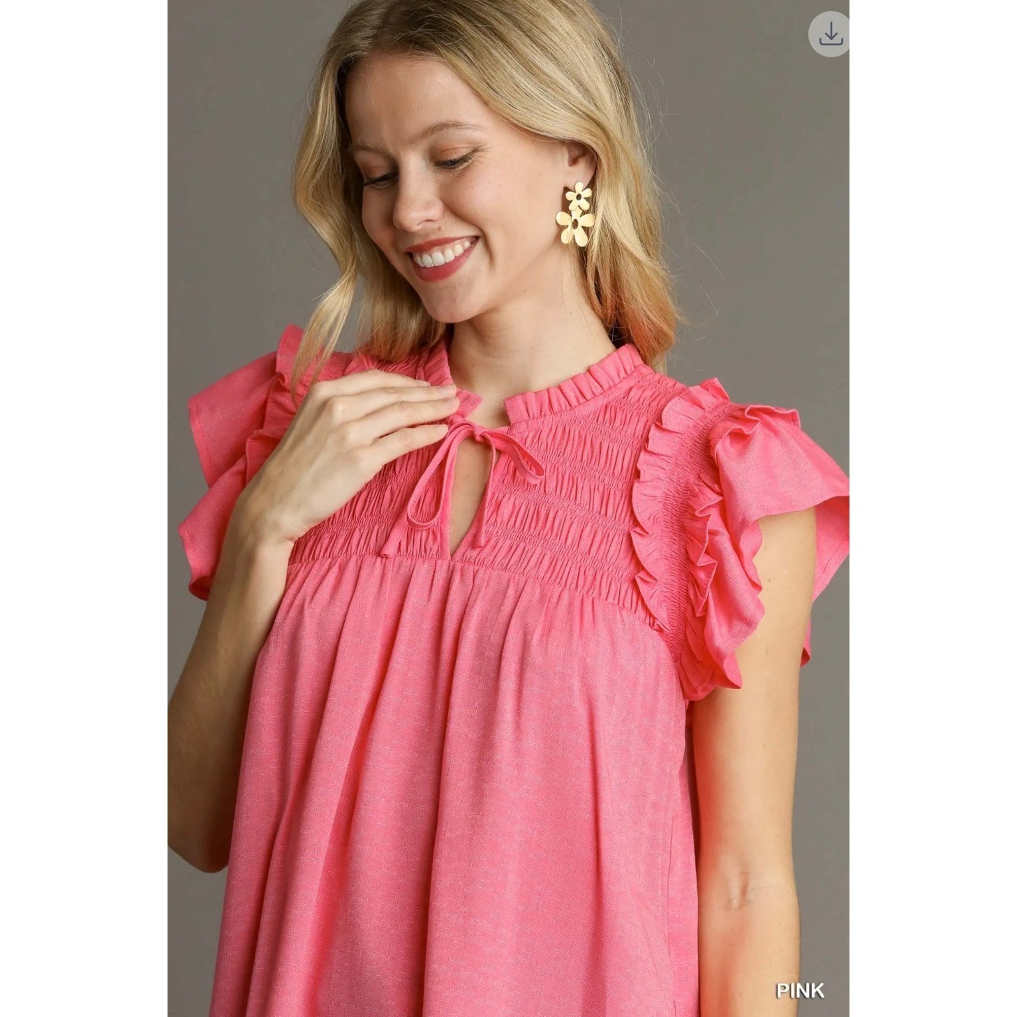 Umgee - Smocked Split Ruffle Neck with Flutter Sleeve Top - Small - Image 3