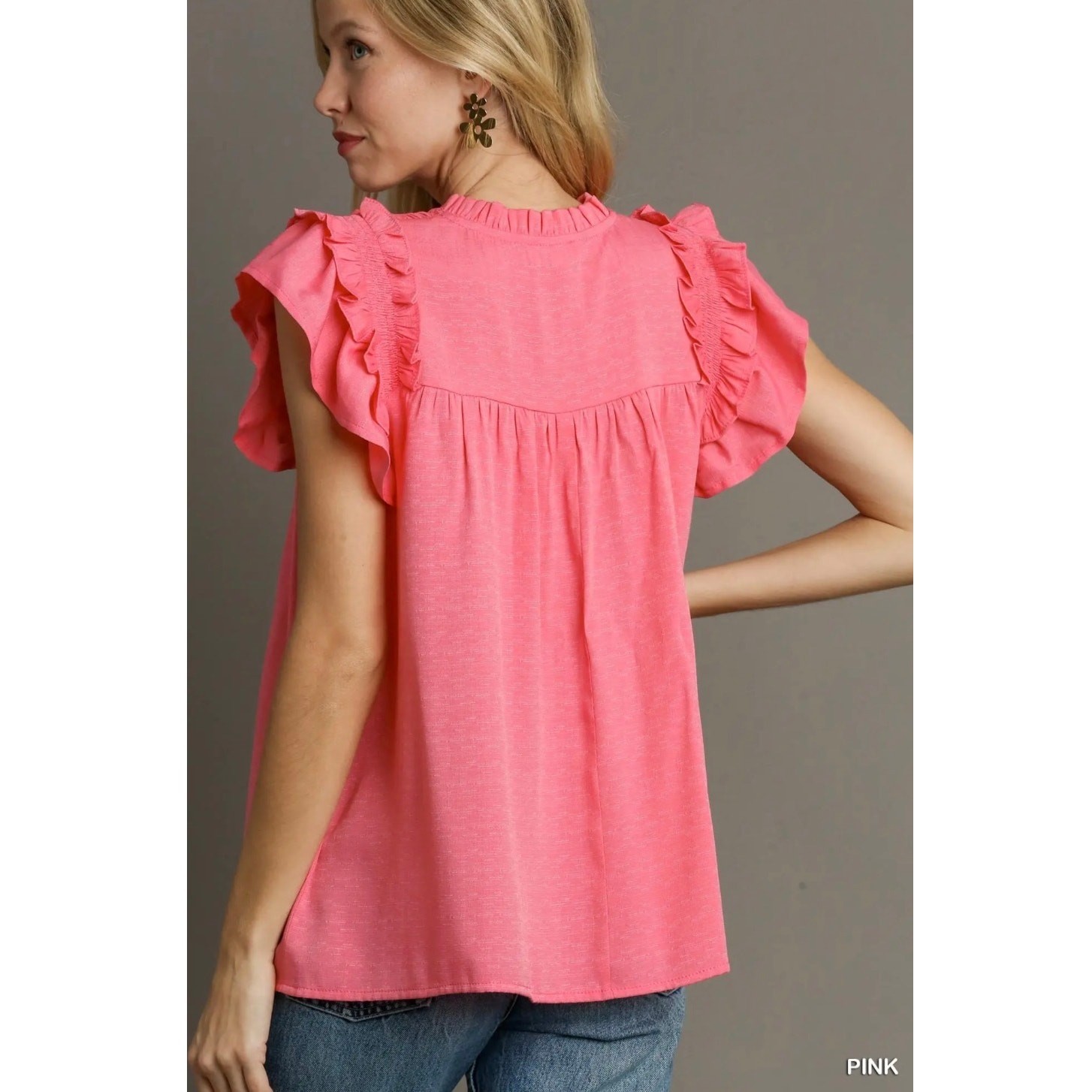 Umgee - Smocked Split Ruffle Neck with Flutter Sleeve Top - Small - Image 5