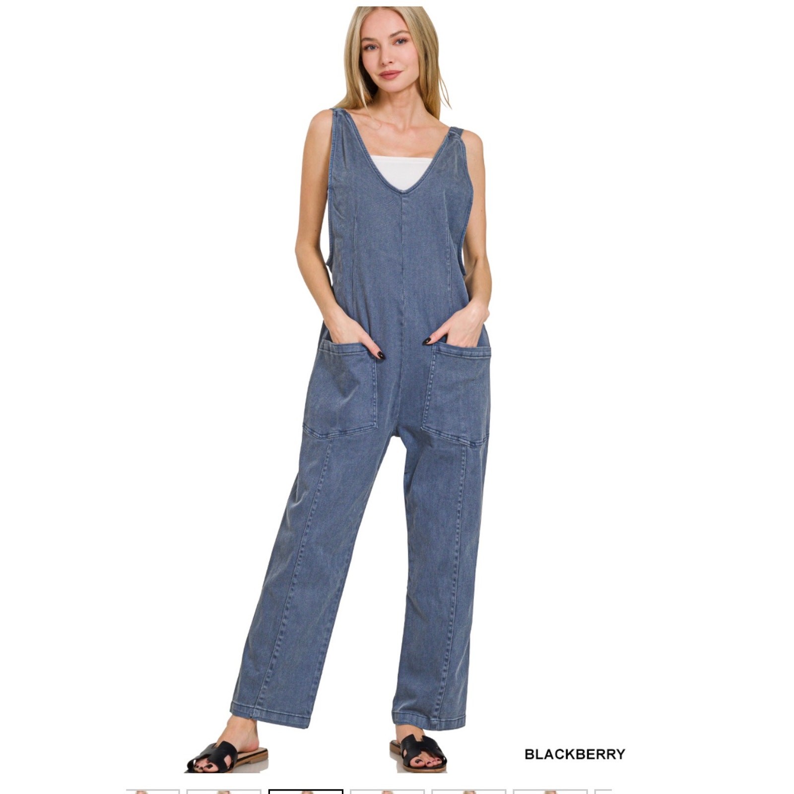 Zenana - Denim Overalls with Adjustable Strap Jumpsuit (Blackberry) - MEDIUM