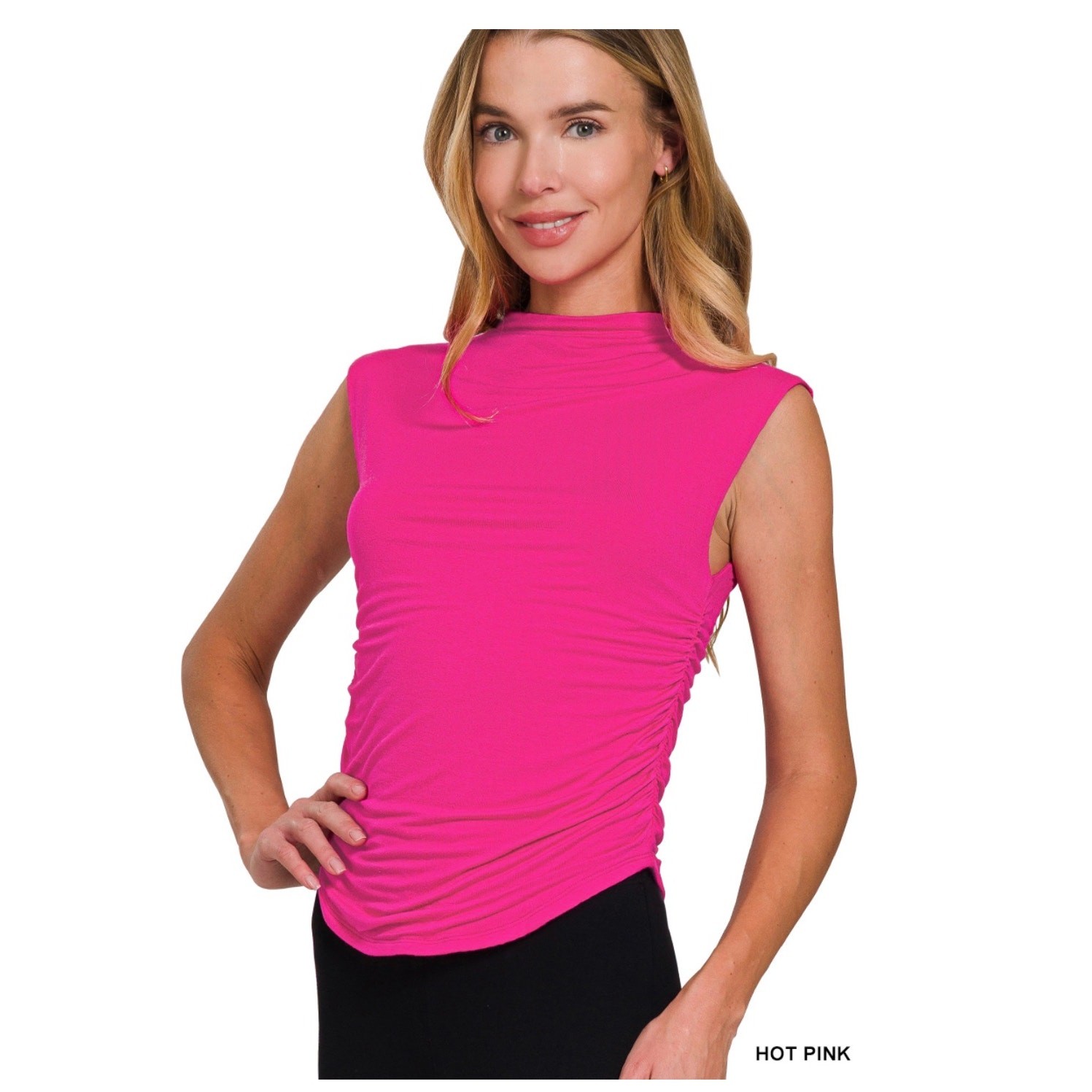 Zenana - Double Layered Ruched Side Mock Neck Top - Small - Image 3