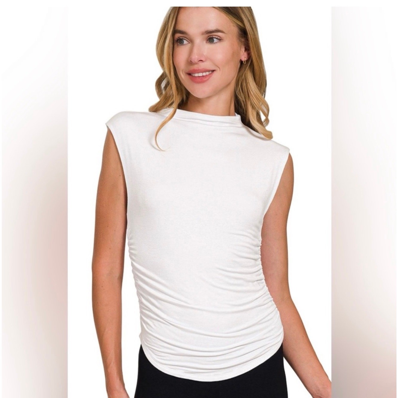 Zenana - Double Layered Ruched Side Mock Neck Top - Small