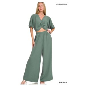 Zenana - Woven Airflow Twisted Top & Wide Leg Pants Set - Small
