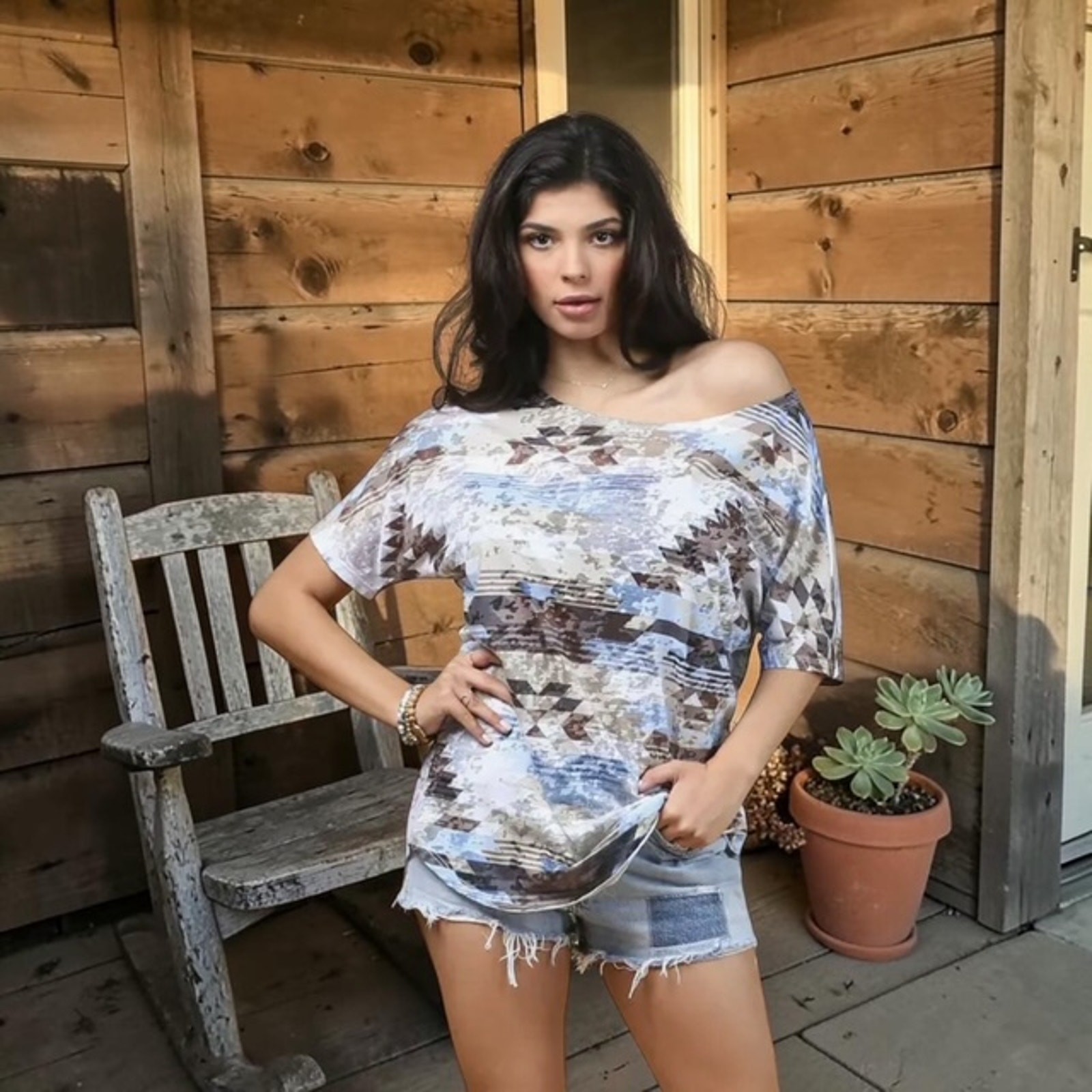 Avery - Aztec Print Boat Neck Burn Out Tunic - Large - Image 3