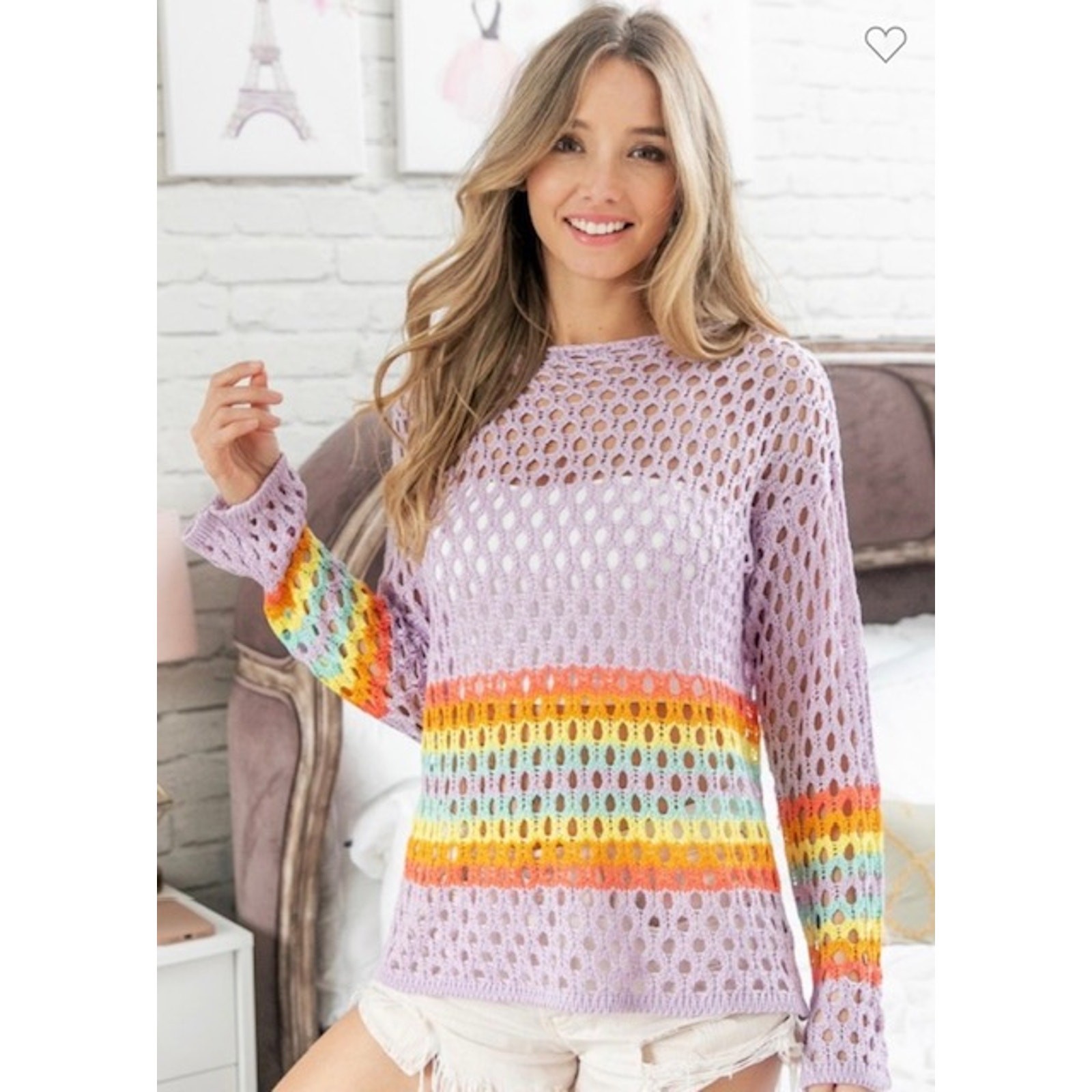 Bibi - Rainbow Stripe Hollow Out Crochet Top - Large - Image 3