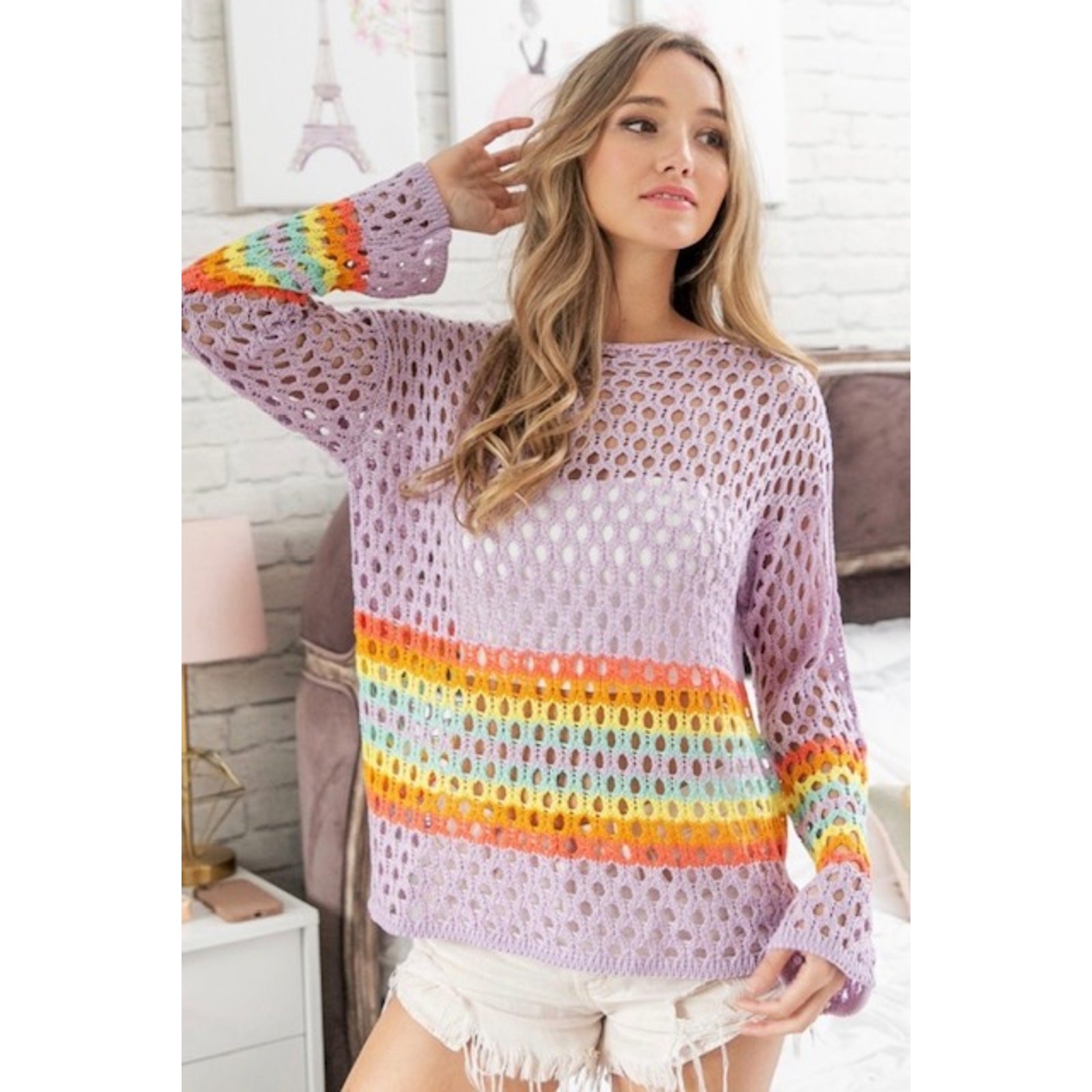 Bibi - Rainbow Stripe Hollow Out Crochet Top - Large