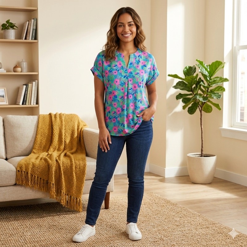 Dear Scarlett - Green Floral Lizzy Short Sleeve Tab Blouse - Small - Image 3