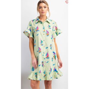 Easel - Sailboat Print Ruffle Shirt Dress - Small