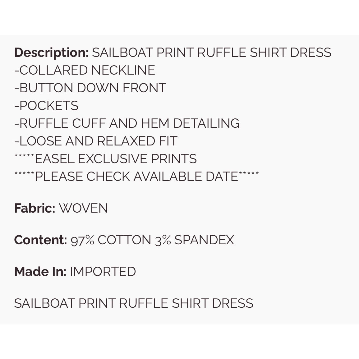 Easel - Sailboat Print Ruffle Shirt Dress - Small - Image 6