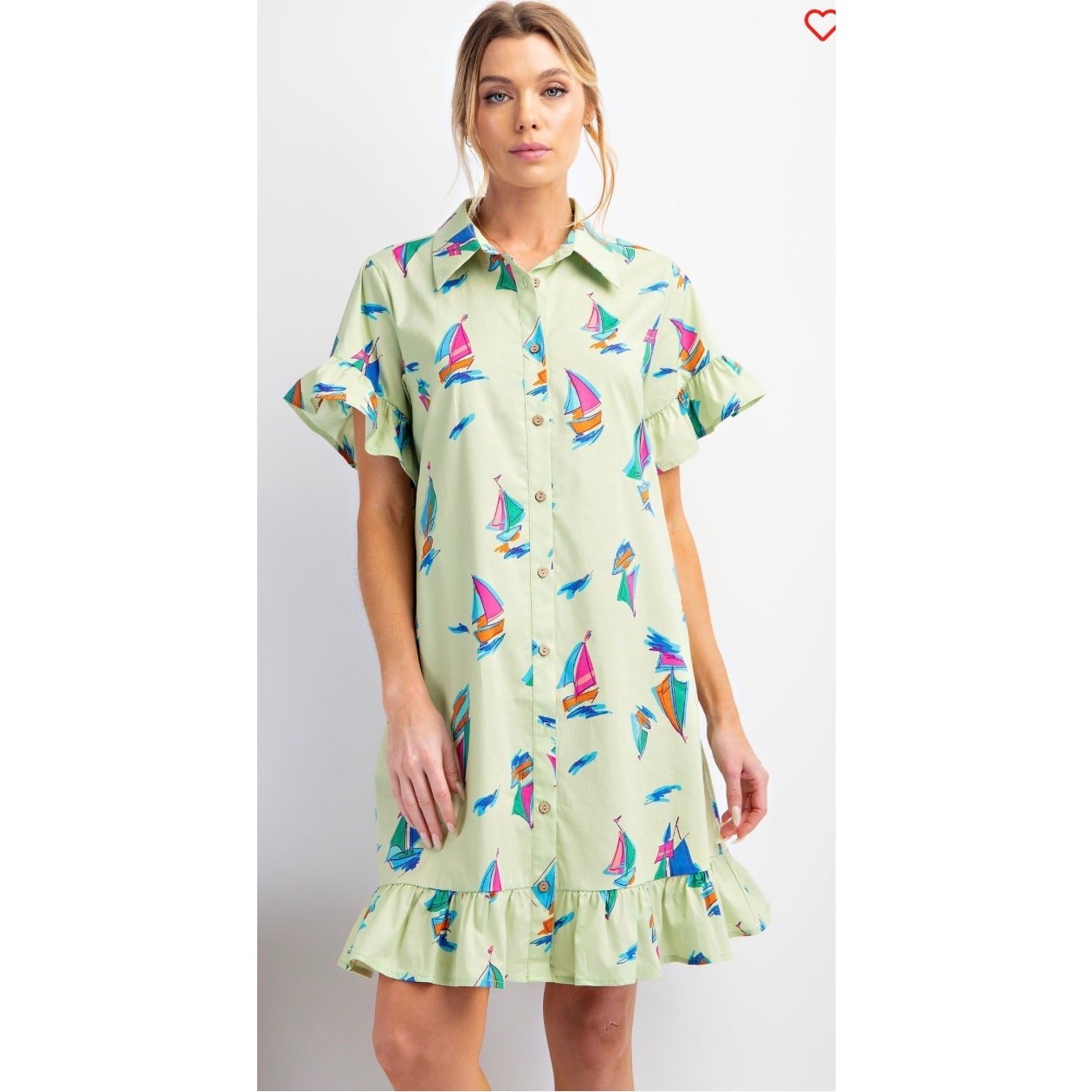 Easel - Sailboat Print Ruffle Shirt Dress - Small
