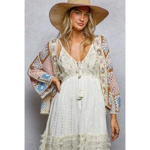 POL - Granny Square 3/4 Sleeve Crochet Cardigan Top - One Size