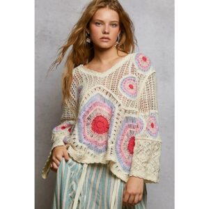 POL - V Neck Granny Circle Motif Scalloped Edge Crochet top - One Size