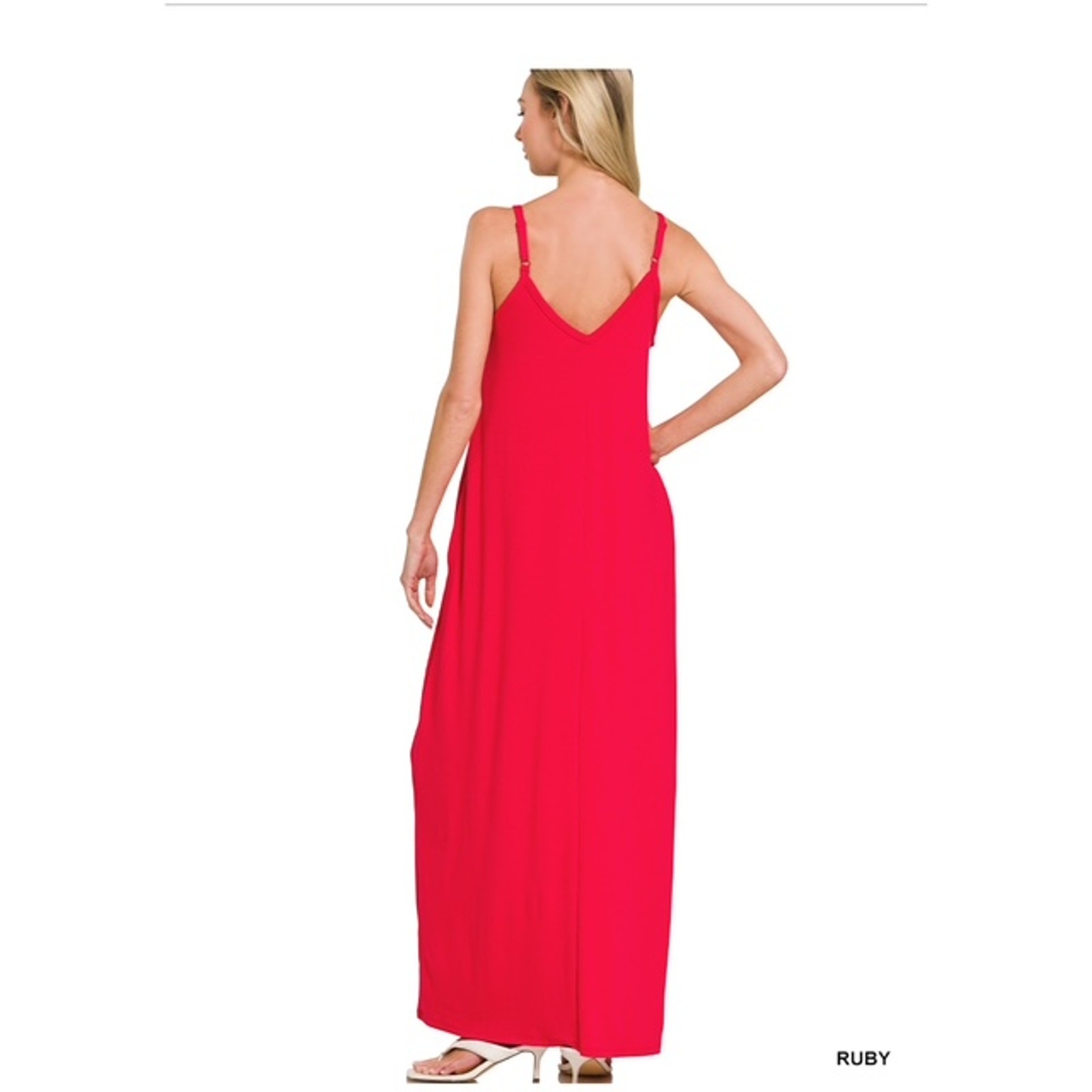 ZENANA - V Neck Cami Maxi Dress with Side Pockets - Large - Image 4