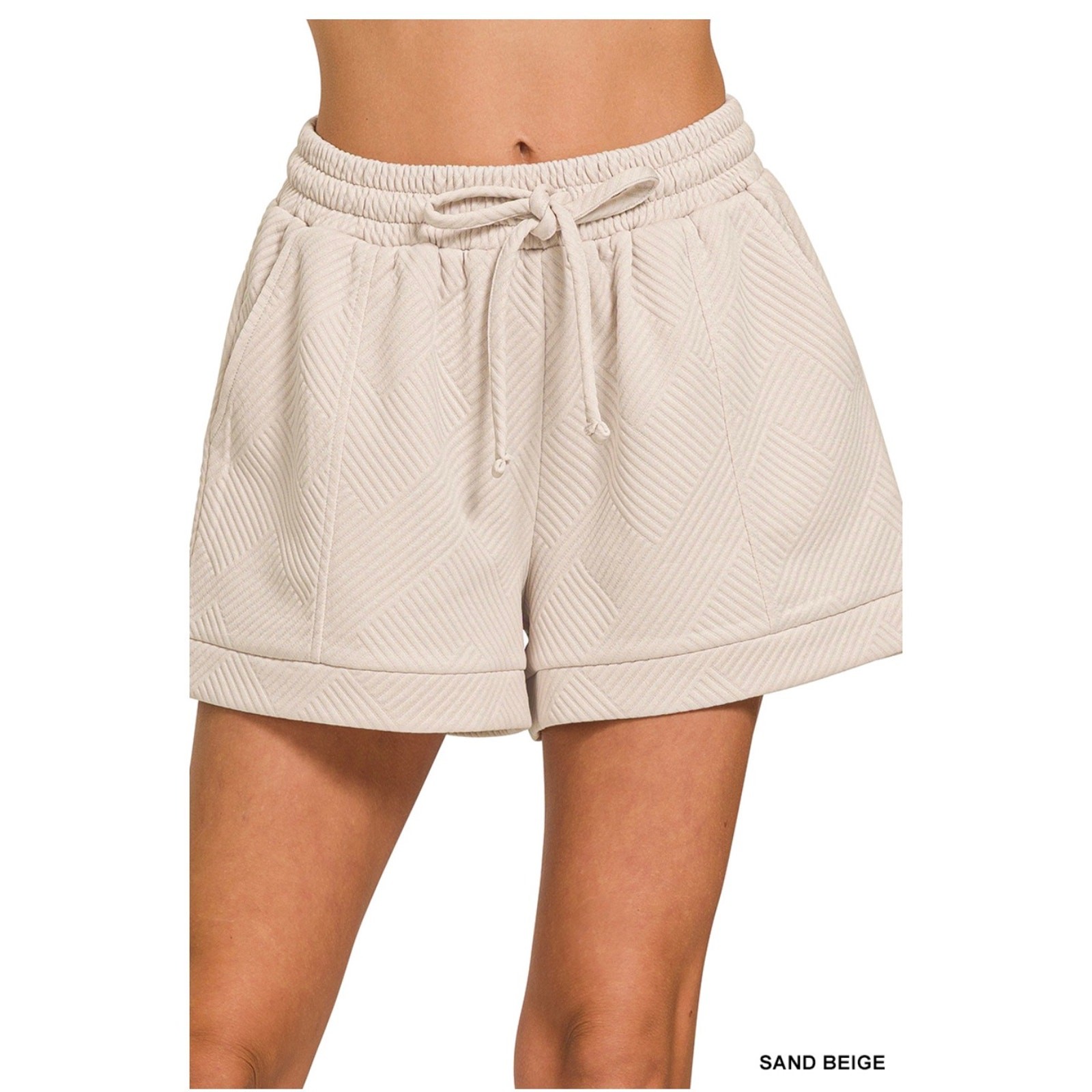Zenana - Textured Knit Jacquard Drawstring Shorts (Sand Beige) - Small