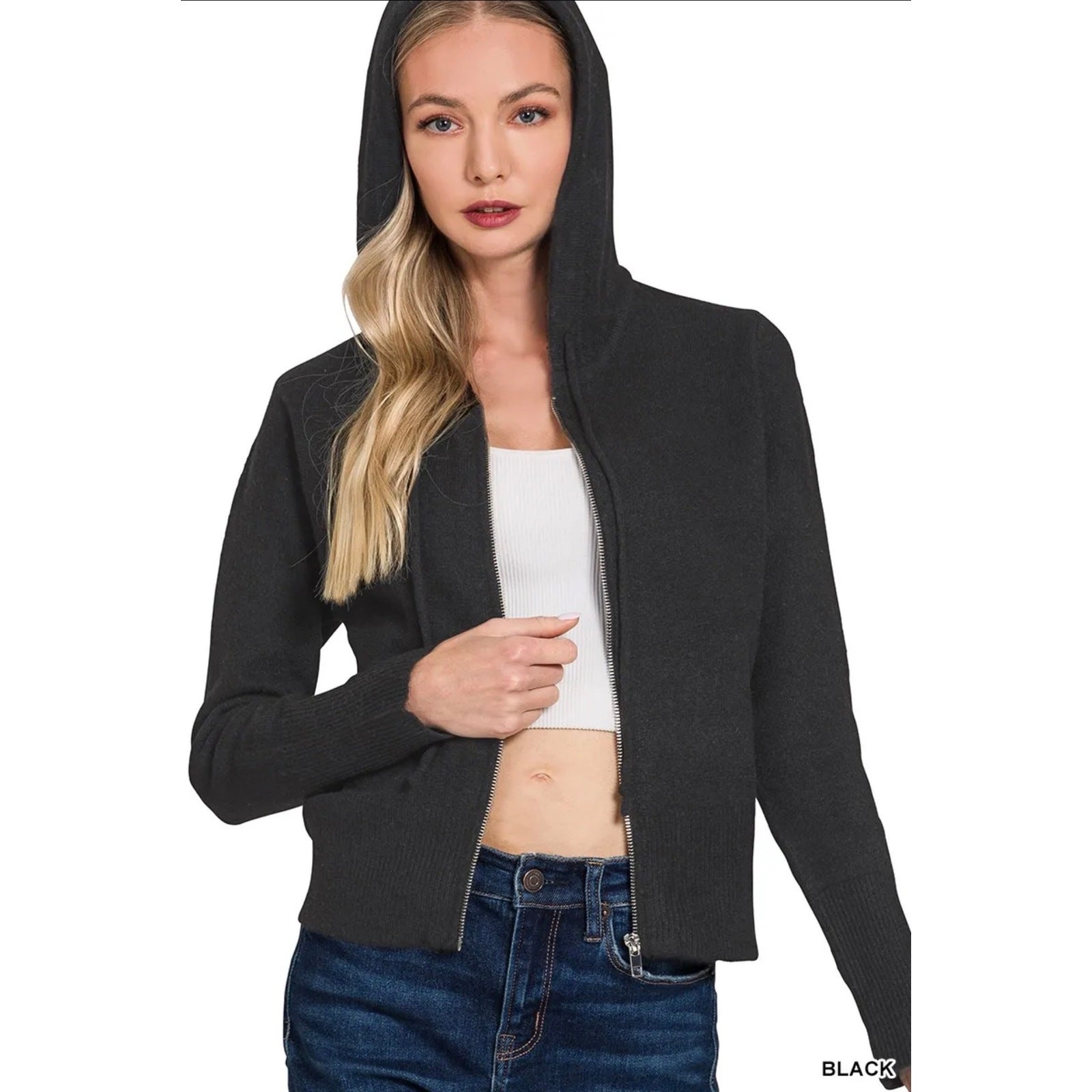 Zenana - Zip Up Hooded Cardigan - Small