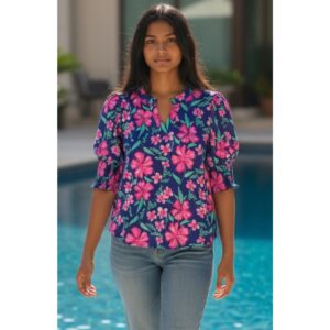 Dear Scarlett - Floral Lizzy Top with Smock Sleeves - Large