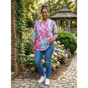 Dear Scarlett - Lizzy Mint Rose Floral 3/4 Length Tab Sleeve - XL