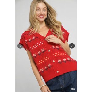 Umgee - Button Down Knit Vest with Floral Pattern - Medium