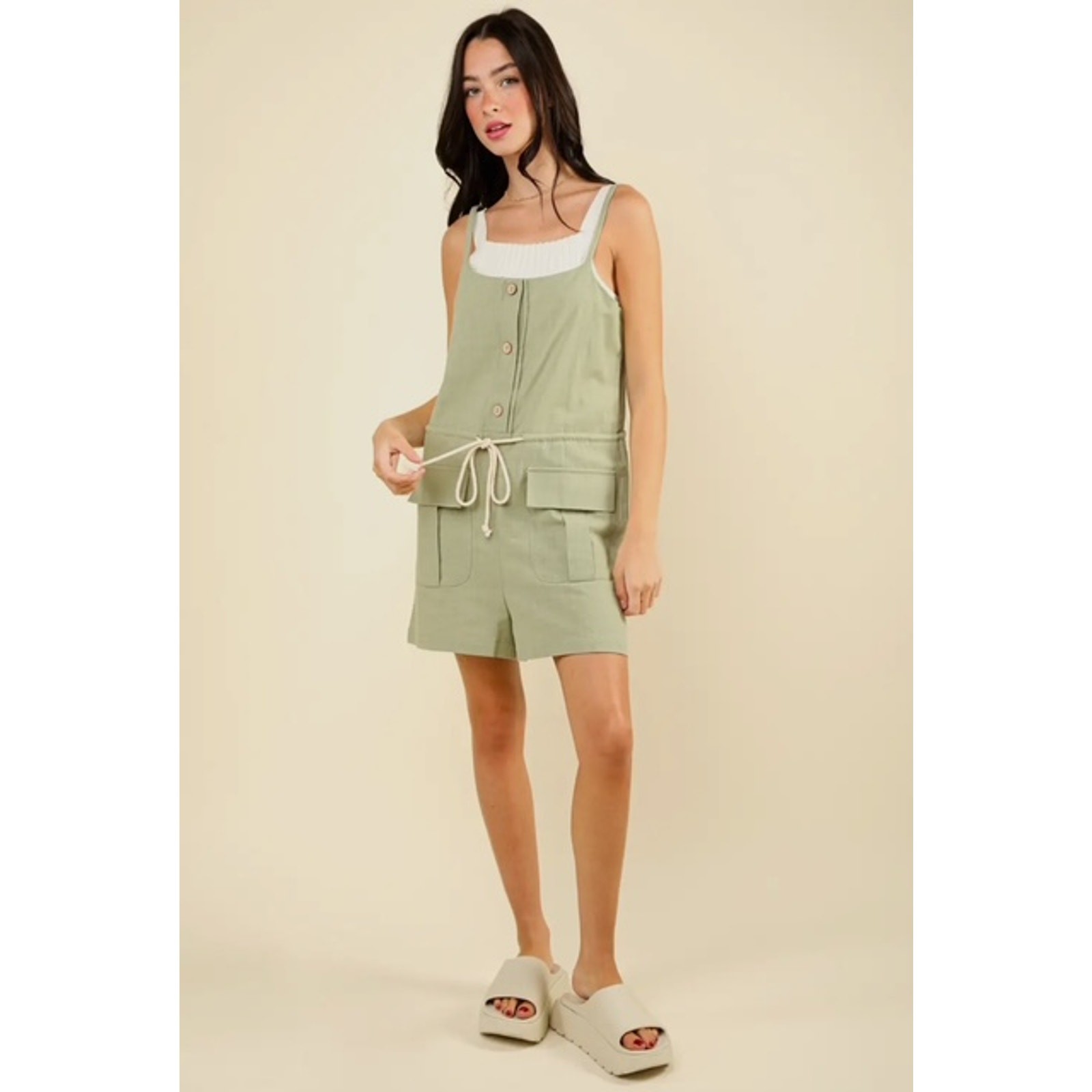 VERY J - BUTTON DOWN SOLID WOVEN ROMPER - Large - Image 5