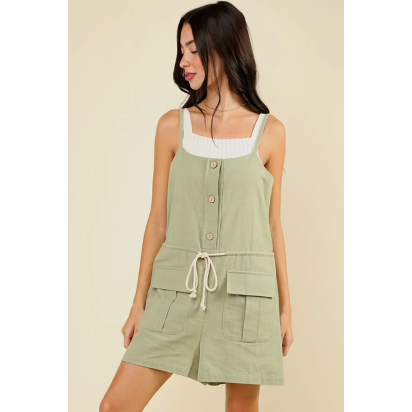 VERY J - BUTTON DOWN SOLID WOVEN ROMPER - Large