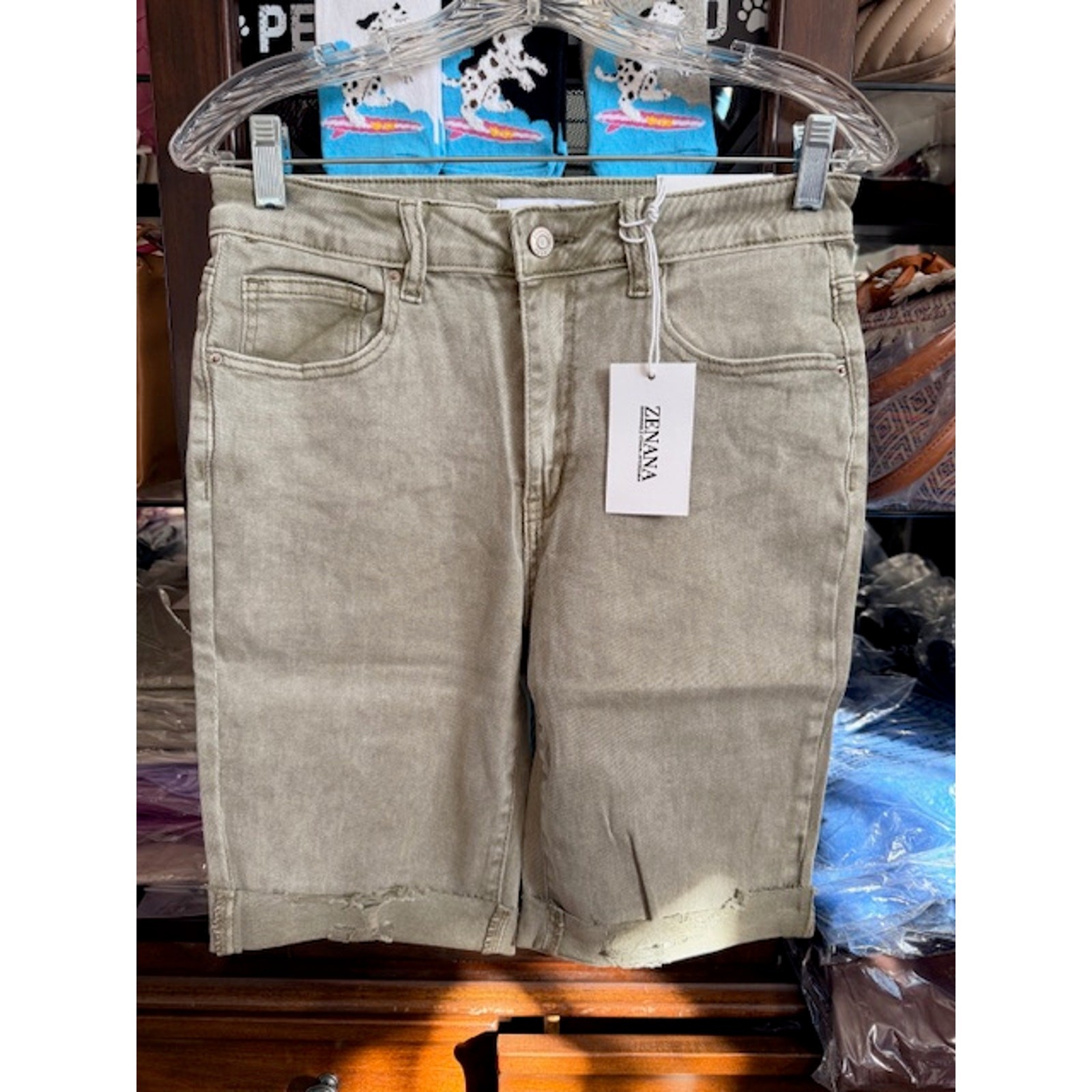 Zenana - Bermuda Jean Shorts Olive Green - Medium - Image 4