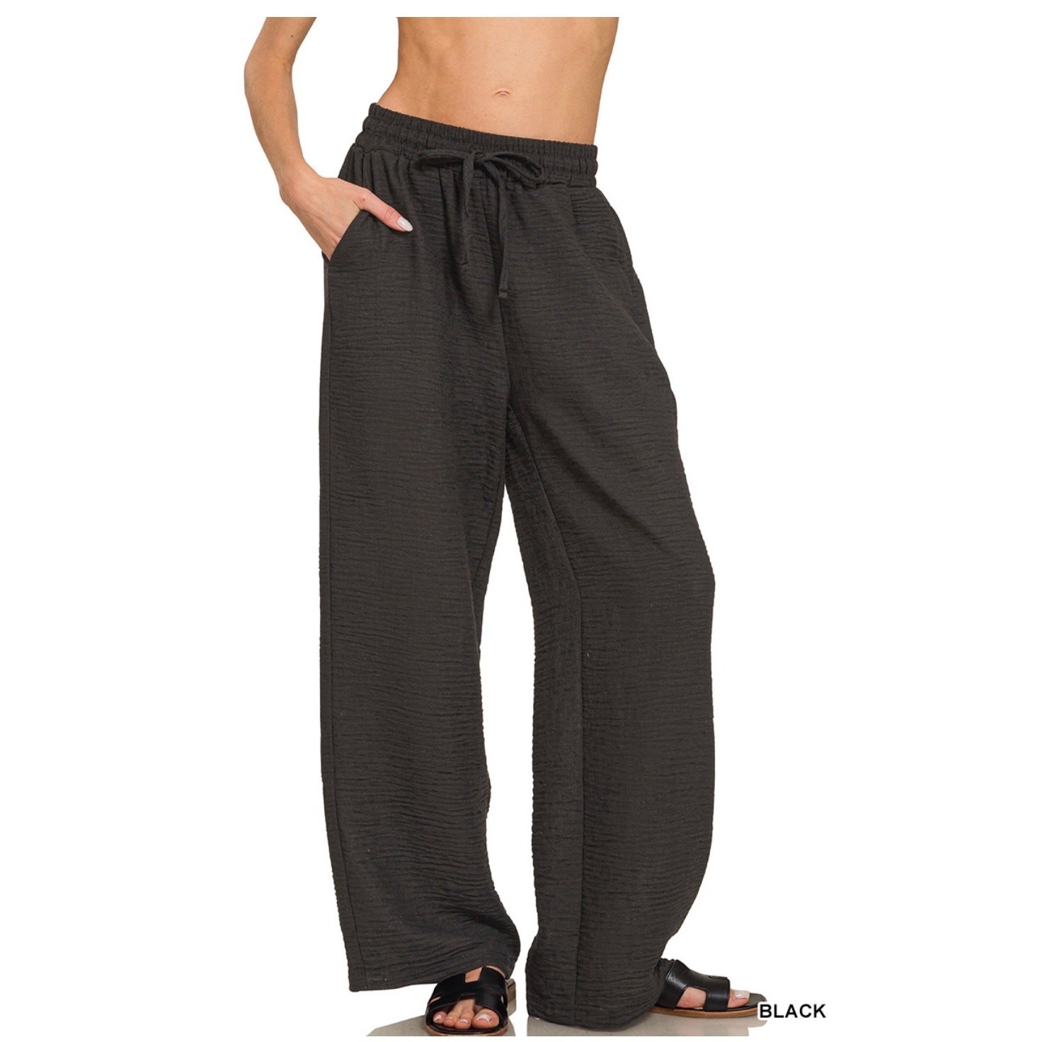 Zenana - Black Woven Crepe Drawstring Pants - Small